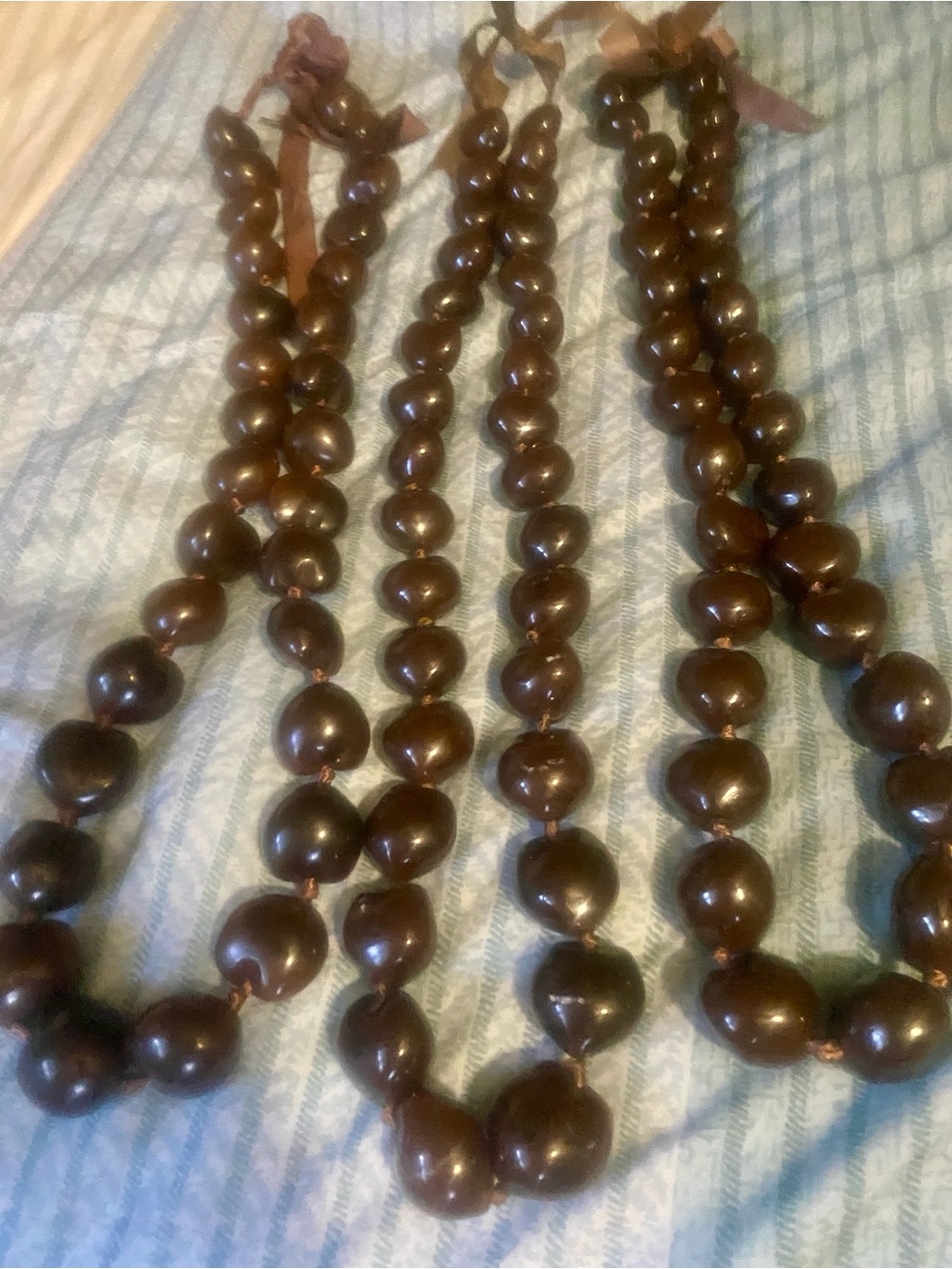 3 Handcrafted Dark Brown KuKui Nut Leis, Hawaiian celebrations, graduations